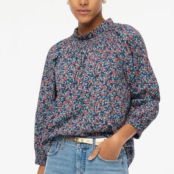 J Crew Factory Printed Smocked-Neck Top Size XS Floral Navy Autumn High Neck - Picture 1 of 16